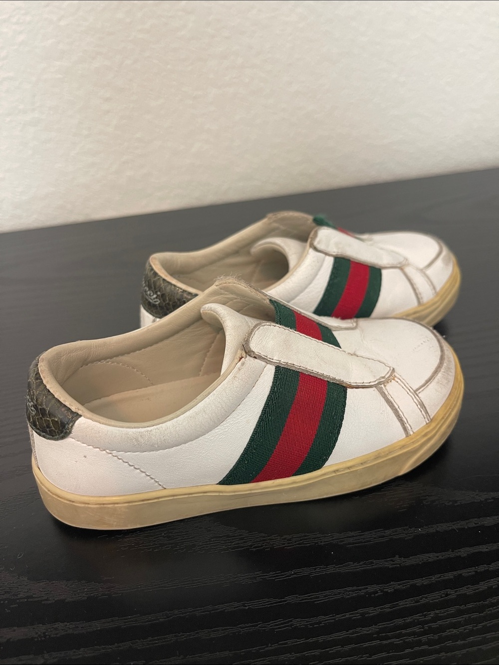 White Kids Slip-On Sneakers with Red & Green Side Stripes